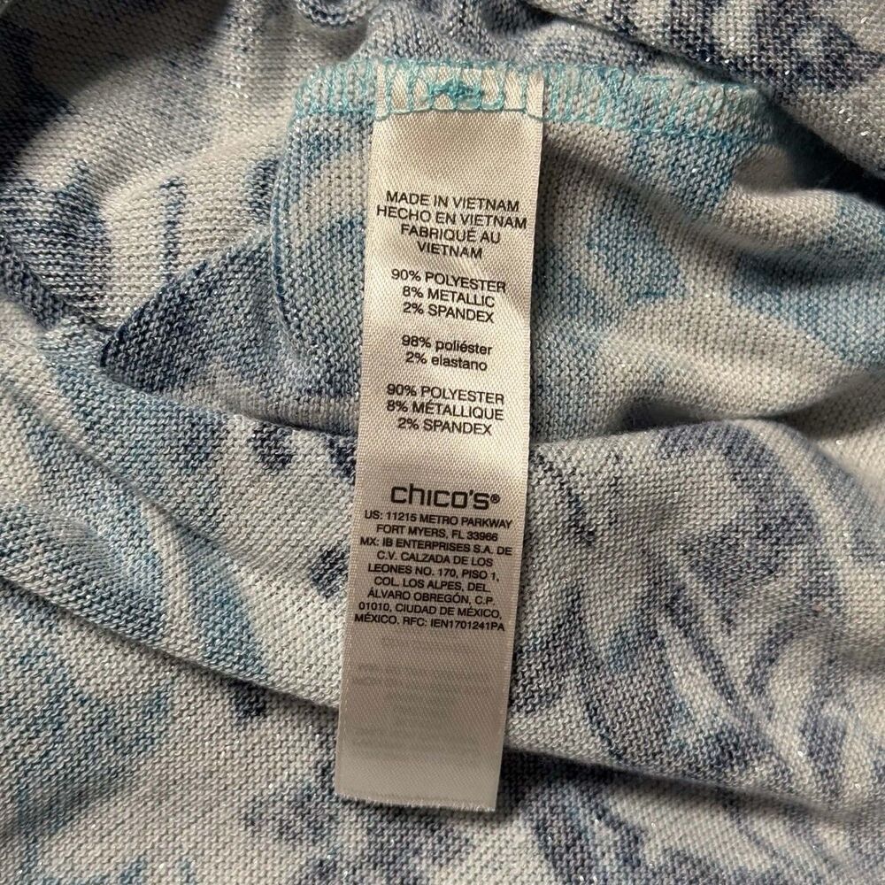 Chicos Womens 1 US M Floral Top Blue Metallic Stretch 3/4 Sleeve Knit Boho EUC - Picture 4 of 7